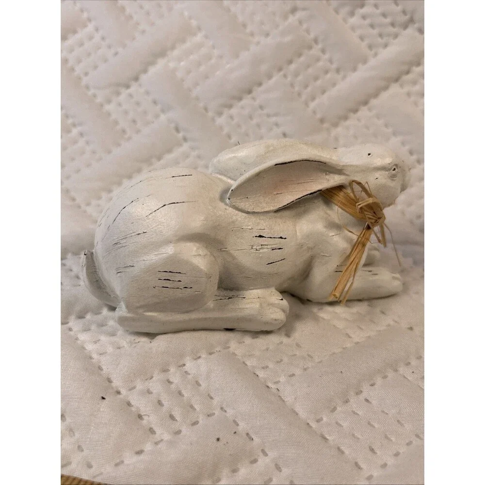Resting Bunny Rabbit Easter Decor Statue Faux Wood Look Resin Farmhouse Country